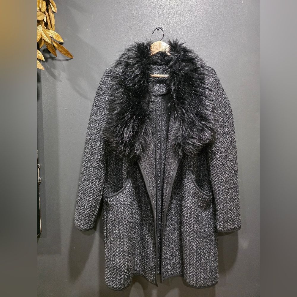 F&F Lightweight Cardigan Jacket Open Front Black/Grey Sz 8 Faux Fur Collar